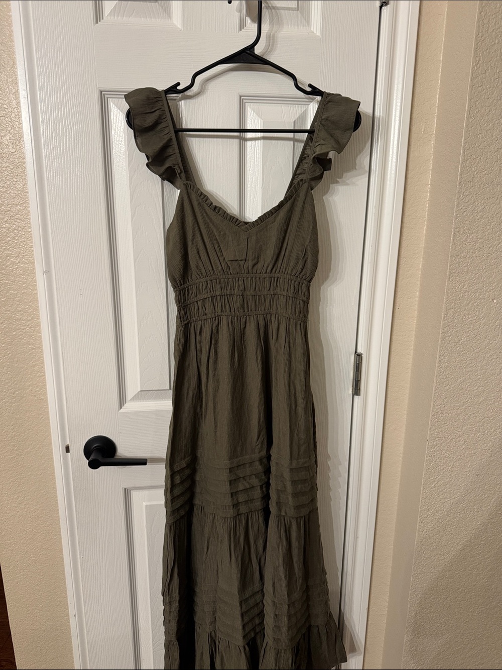 Smocked Olive Green Maxi Dress with Ruffle Straps